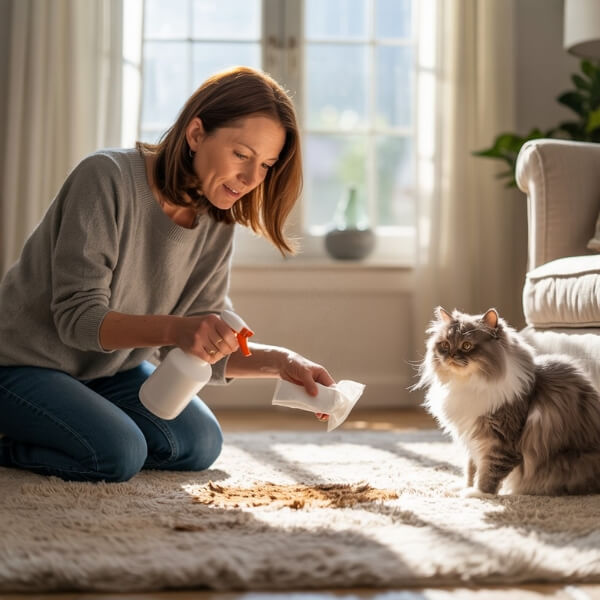 Femme accroupie nettoyant un tapis devant son chat après un accident domestique